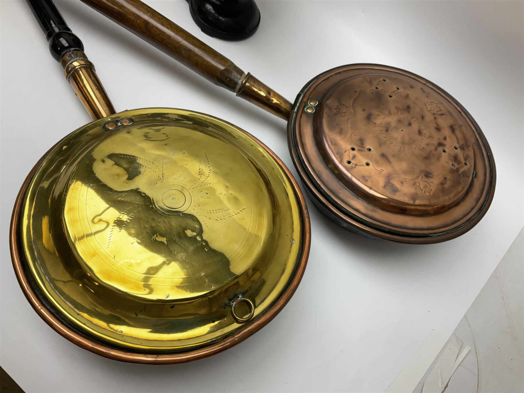 Set of Weylux Prince cast iron and brass weighing scales with weights, together with three copper and brass warming pans and other metal ware