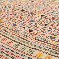South West Persian Qashqai flatweave kilim horse cover, woven in flatweave with horizontal bands of stylized animals and geometric motifs, featuring repeated rows of horses and camels and abstract figures interspersed with serrated and meander bands, enclosed within simple geometric borders 