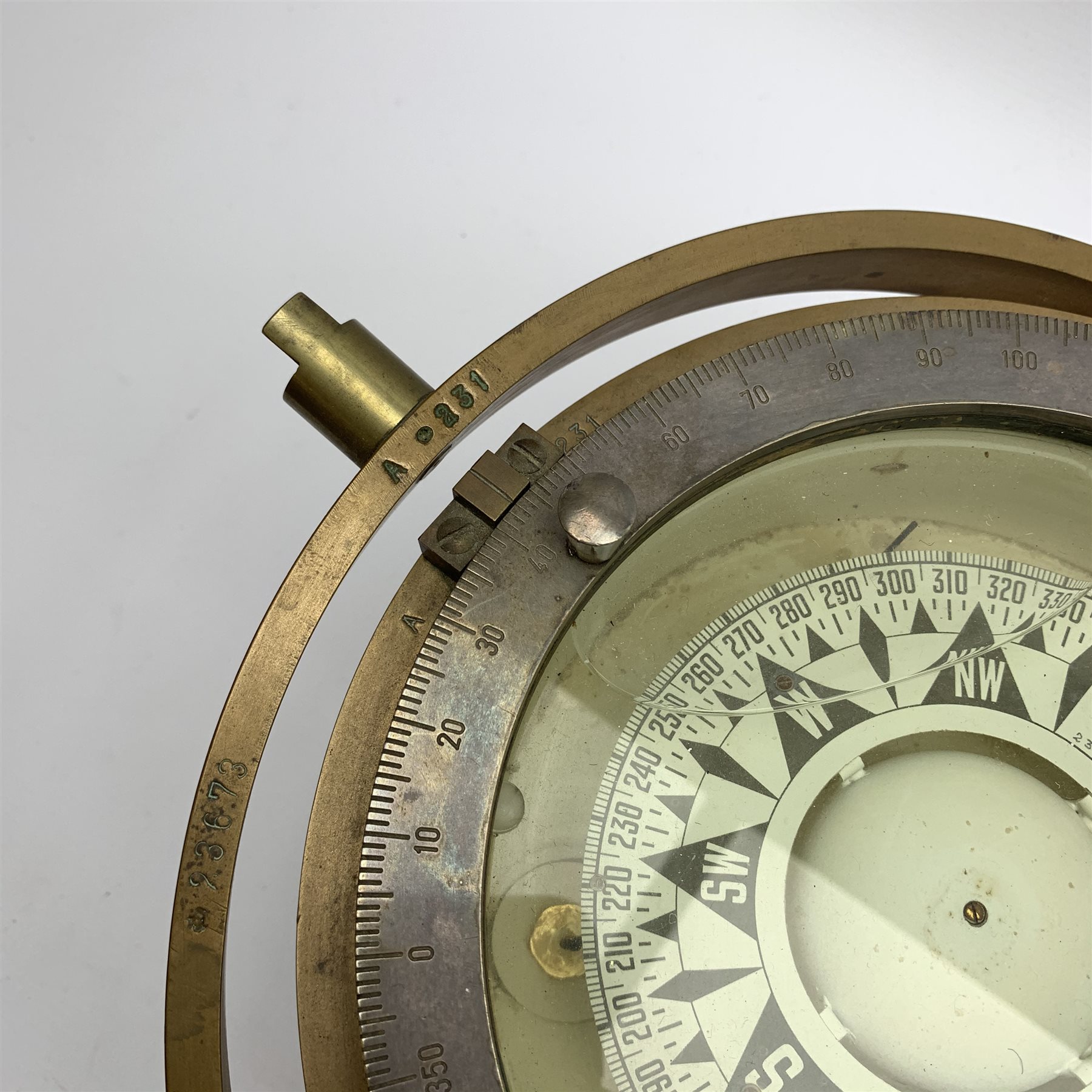 Einar Weilbach & Co Copenhagen Denmark ship's brass cased compass with gimbal mount, no. A231, serial no. 23673, D29cm