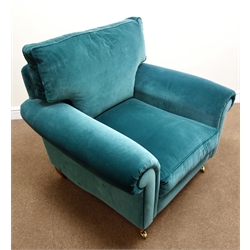  Laura Ashley Kingston three seat sofa, upholstered in sea blue velvet (W213cm) and pair matching armchairs (W100cm)  