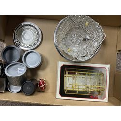 Swarovski crystal figures, together with glass display case, Danbury mint figures etc, in two boxes 