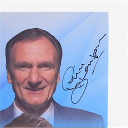 Soccer Saturday canvas, signed by Jeff Stelling, Matt le Tissier, Phil Thompson etc, H41cm, W51cm