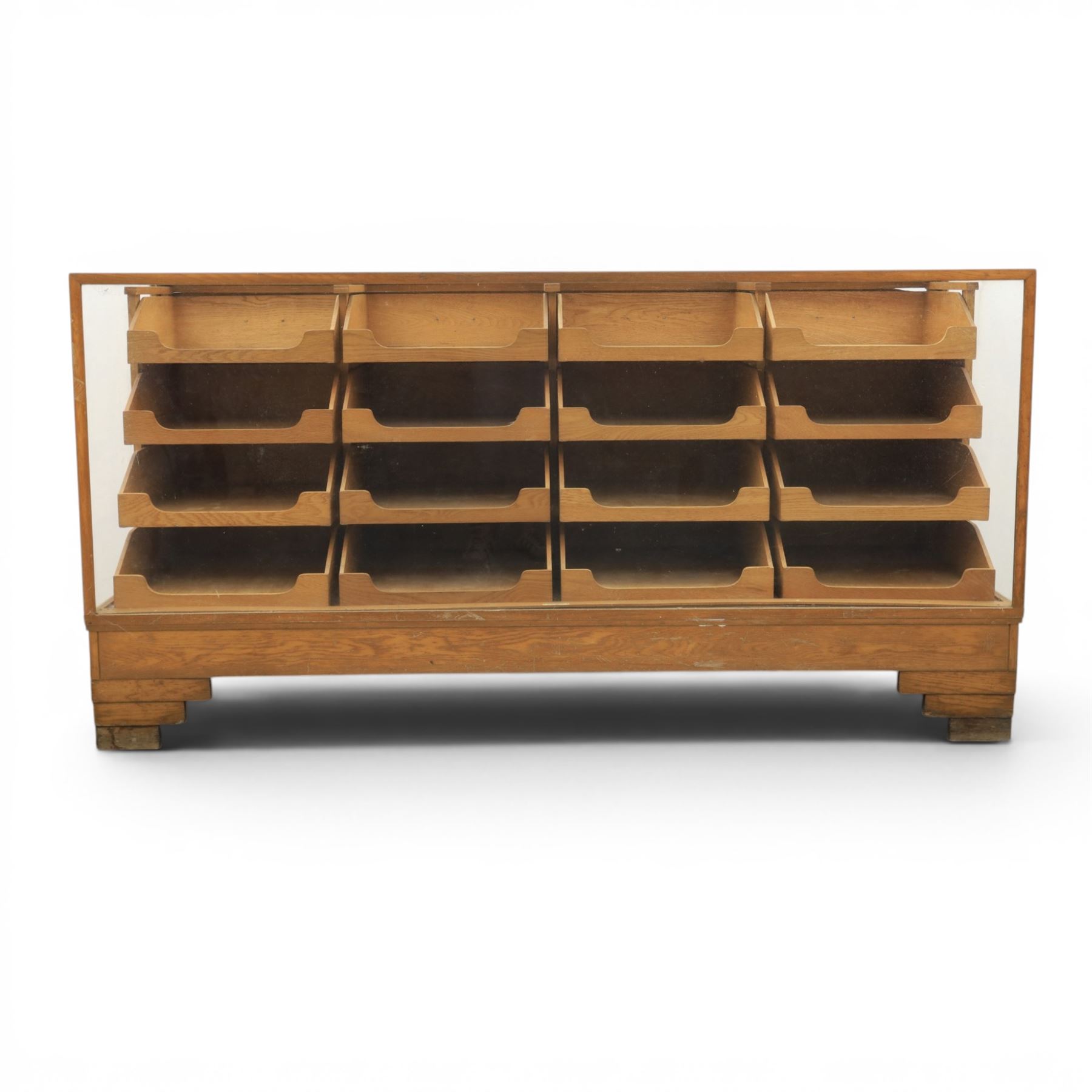 Dudley & Co - early 20th century oak framed and glazed haberdashery shop counter, fitted with sliding tray drawers