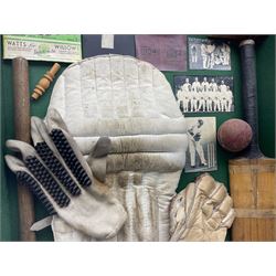 Four framed sporting memorabilia displays, the largest example containing 1930s cricket memorabilia, together with two fishing displays and a football display, each within wooden glazed frames, largest H105cm