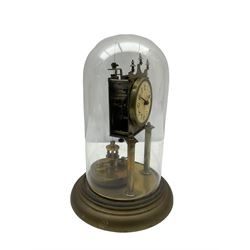 An anonymous early 20th century German 400-day torsion clock, with a circular enamel dial, upright Arabic numerals and minute track, spade hands under a glass shade, circular rotating pendulum with regulation, on a circular brass base with adjustable feet. 
H33cm
