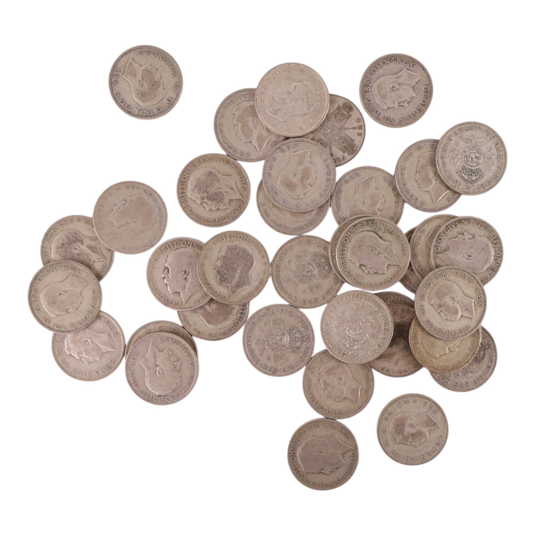 Approximately thirty-seven Great British pre-1947 silver one florin or two shilling coins