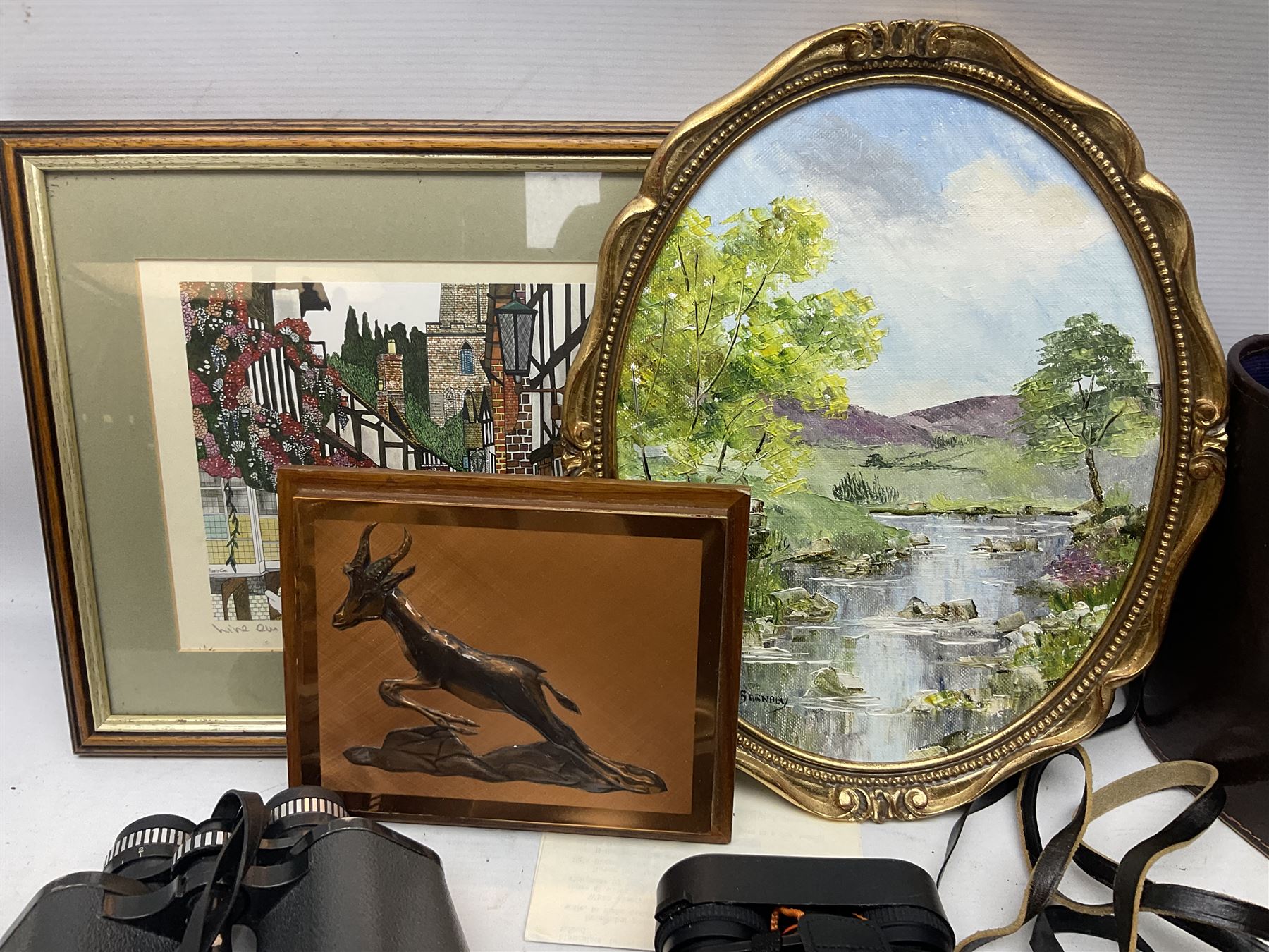 Three pairs of binoculars to include Enbeeco Concord and Bresser, Palestine police patch, framed pictures etc