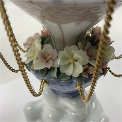 Lladro Flying High, modelled as a hot air balloon, with brass chains to suspended blossom filled basket, no 6523, with original box, H23cm