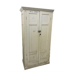 Painted pine cupboard or wardrobe, two panelled doors enclosing three shelves