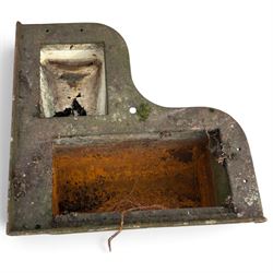 Large Victorian cast iron double-compartment corner stable manger, incorporating a barred feed trough and water bowl