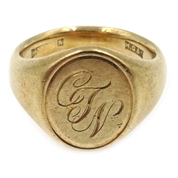  Gold signet ring, inscribed CJN, hallmarked 9ct, approx 9.8gm  