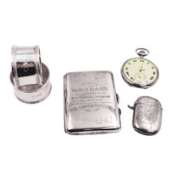 Group of silver, comprising cigarette case, vesta case, pair of napkin rings and a pocket watch, all hallmarked with various dates and makers
