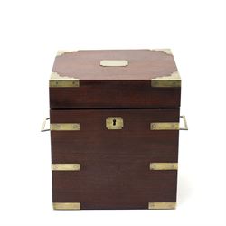 Victorian mahogany brass bound campaign style decanter box, with twin brass countersunk handles, containing four decanters, H23cm 