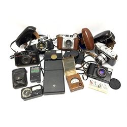 Collection of cameras to include: Polaroid 600 Land Camera SLR 680 with auto focus/auto strobe, Rollei XF 35, Canon ML AF35, Fuji TW-300, Balda Baldina Compur-Rapid, YASHICA LYNX-5000, Canon Canonet QL19, flash bar and two light meters in one box