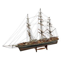 20th century scratch built model of a three mast ship, with stand, H66cm, L93cm