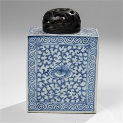 Two Chinese blue and white tea caddys, and another with famille rose design and engraved metal lid, larger H16cm (3)
