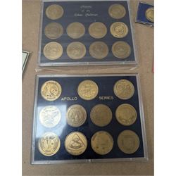 Nasa Space Shuttle program commemorative items, including album of stamp covers, telephone cards, five Shuttle Crew Emblem Collector's Series medallions, Maiden Flights bronze medallions, Missions of the Orbiter Challenger set of medallions and Apollo series medallions