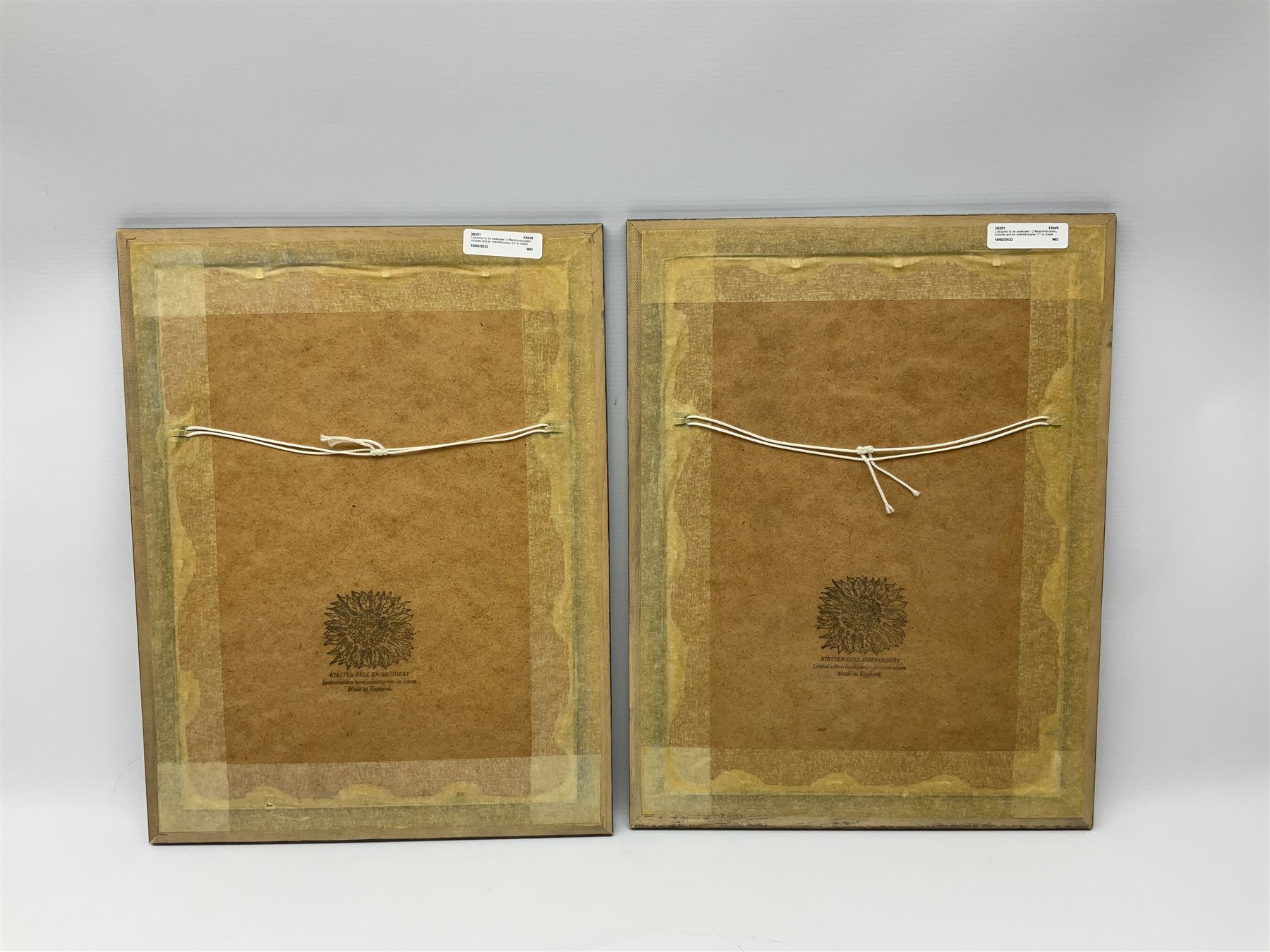 Pair of embroidered panels worked with floral studies of Greater Sunflower and Double Blew-Bottles, by Kirsten Bell, signed and dated '94, housed in glazed frames, W33cm. H43.5cm
