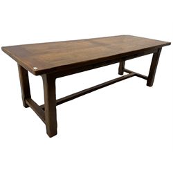 Antix French oak dining table with two leaves, two frieze drawers;, and six ladder back chairs with rush seats