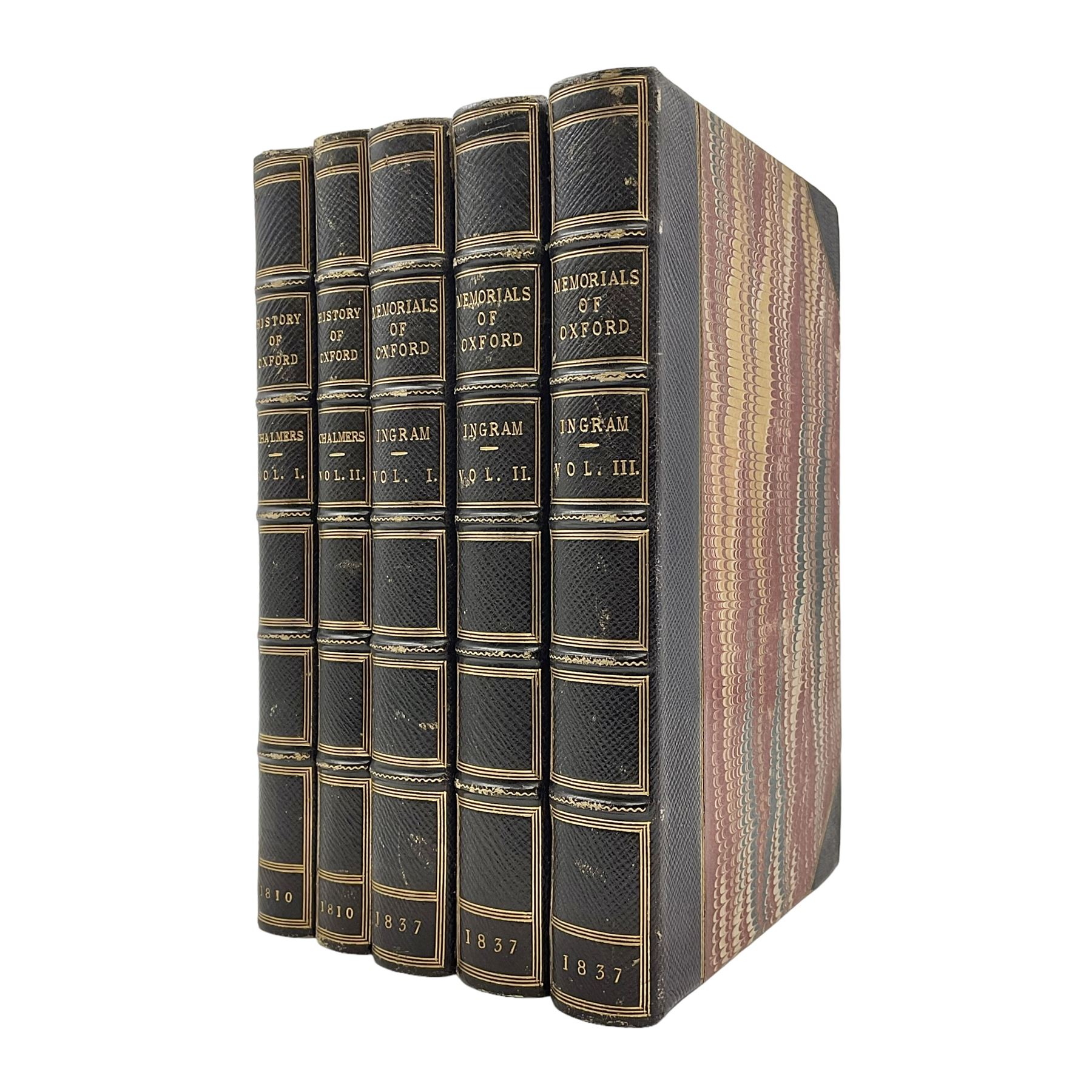 Ingram, James, Memorials of Oxford, The Engravings by John Le Keux from drawings by F. Mackenzie, three volumes, engraved title, frontispiece, plates and illustrations in the text, Oxford,1837, together with Chalmers, Alex, A History of the Colleges, Halls, and Public Buildings, attached to the University of Oxford, two volumes, engraved title, frontispiece, plates and illustrations in the text, Oxford, 1820, (5)
