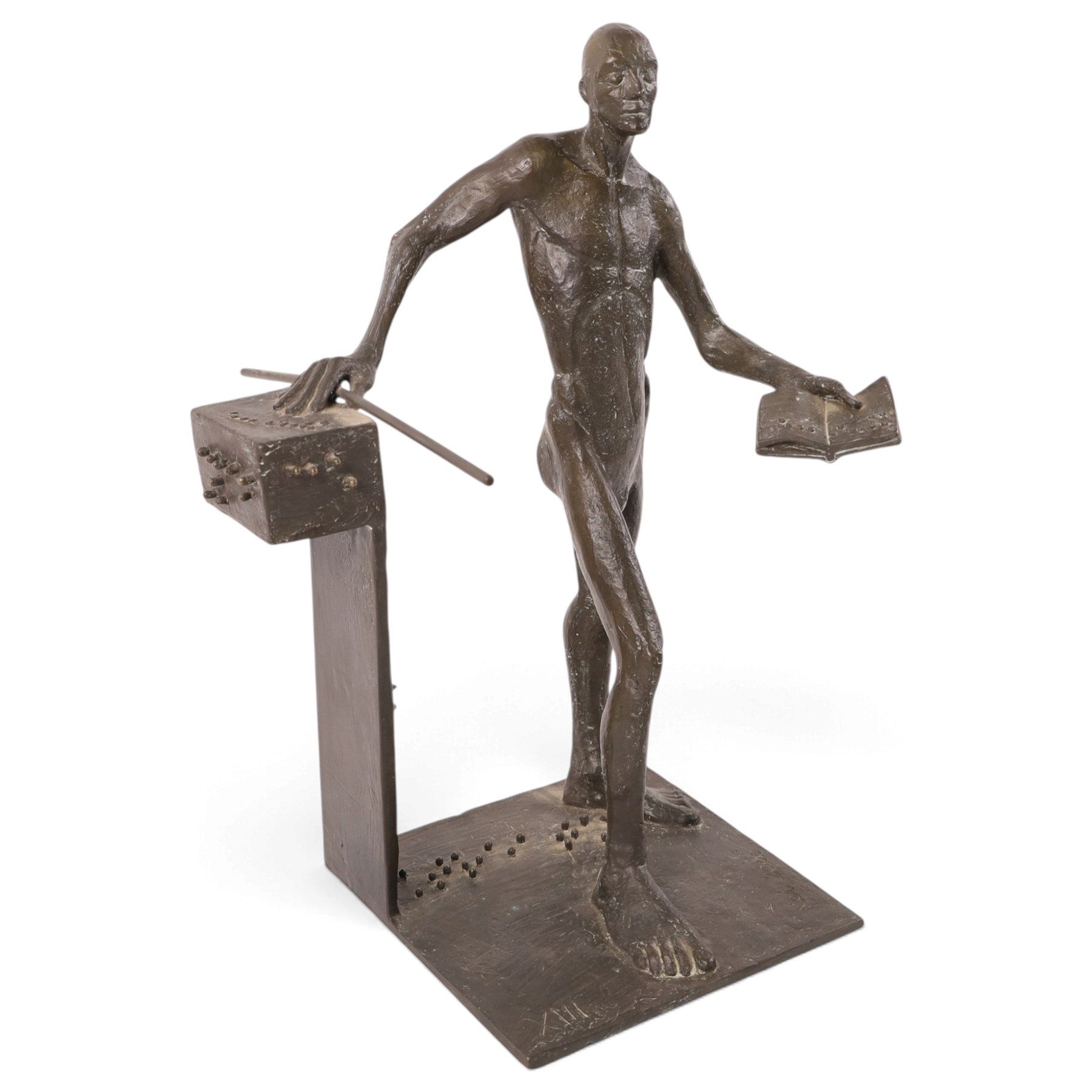 Modernist School (mid-20th century) - bronze cast sculpture depicting a blind man resting on a stand, holding a book and cane with braille detail, signed Lei, dated 2000 and edition 13 H33cm