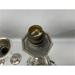 Collection of assorted silver plate, comprising four cup egg cruet, table lamp, bud vase, desk stand etc  