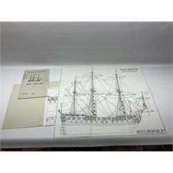Wooden kit built model of HMS Neptune, 1:90 scale, with detailed rigging to three masts and a row of cannons to either side, upon ebonised wooden base, including stand H71cm