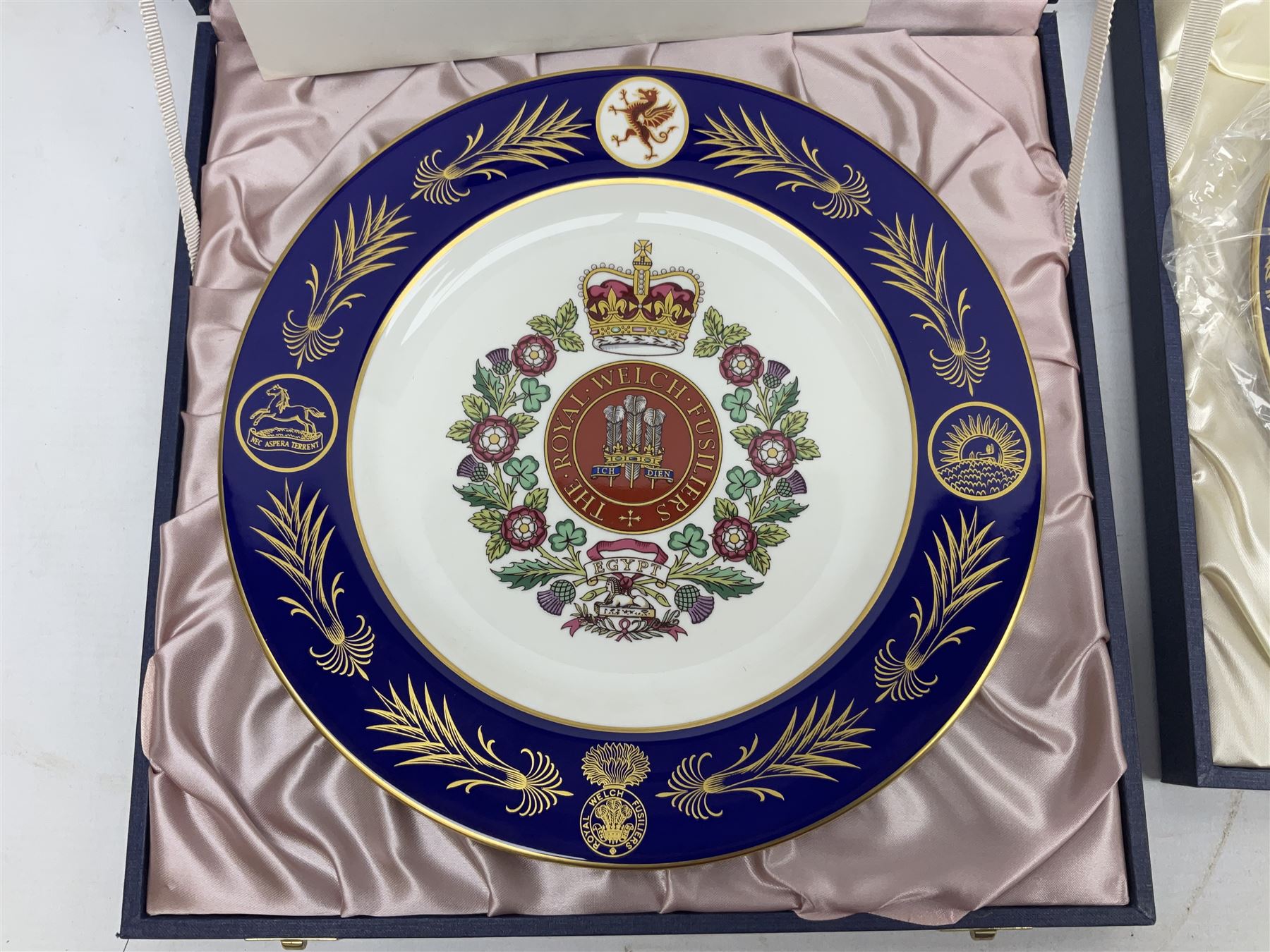 Five Spode Mulberry Hall limited edition Regimental commemorative plates - Argyll & Sutherland Highlanders No.9/500; Cheshire Regiment No.352/500; Kings Own Scottish Borderers No.113/500; Black Watch Royal Highland Regiment No.331/500; and Royal Welch Fusiliers No.309/500; all boxed with certificates (5)