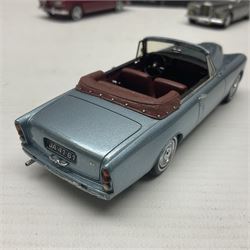 Nine Neo Scale Models 1:43 scale die-cast models including Daimler Majestic major, S&S Landau Hearse, Lagonda 3-litre 1955, Rover P4 Seventy-five, Jaguar 420Rover P5b Coupe etc; some boxed (9)