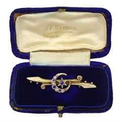 15ct gold sapphire and split pearl star and crescent brooch, stamped