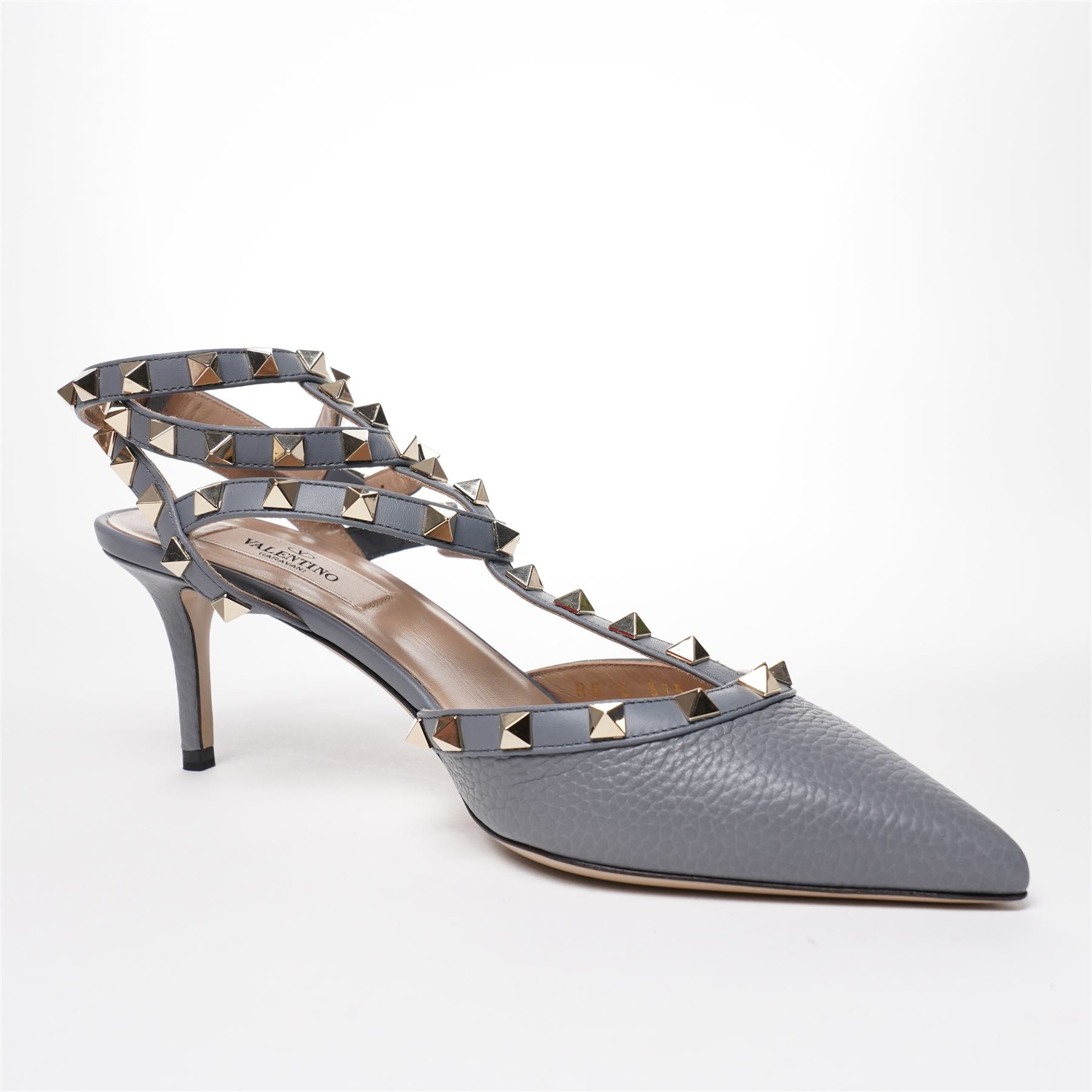Valentino Garavani - pair of Rockstud grained leather and leather strap stiletto heels in blue, with pointed toes and gold tone pyramid stud detailing to the uppers, size 38, unused with original box and dust bag