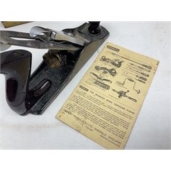 Stanley No.4 wood working plane, in original box, together with a cash tin box and British Boudoir travel iron 