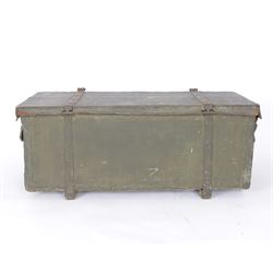 WWII portable trunk with canvas and wooden top and sides, fitted wicker interior with ammunition holders to the lid and makers tag Finch & Sons Ltd, Gloucester, painted to cover 'CAPT J.S.JEWITT 18 NORTH LODGE DARLINGTON ENGLAND', H32CM, L76cm