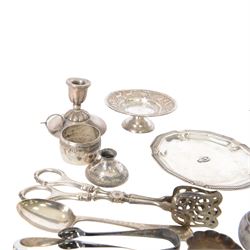 Group of silver, including sugar tongs, christening set, egg  cup, salt, strainer, silver mounted cutlery and Continental silver, together with silver plated items and other metalware 