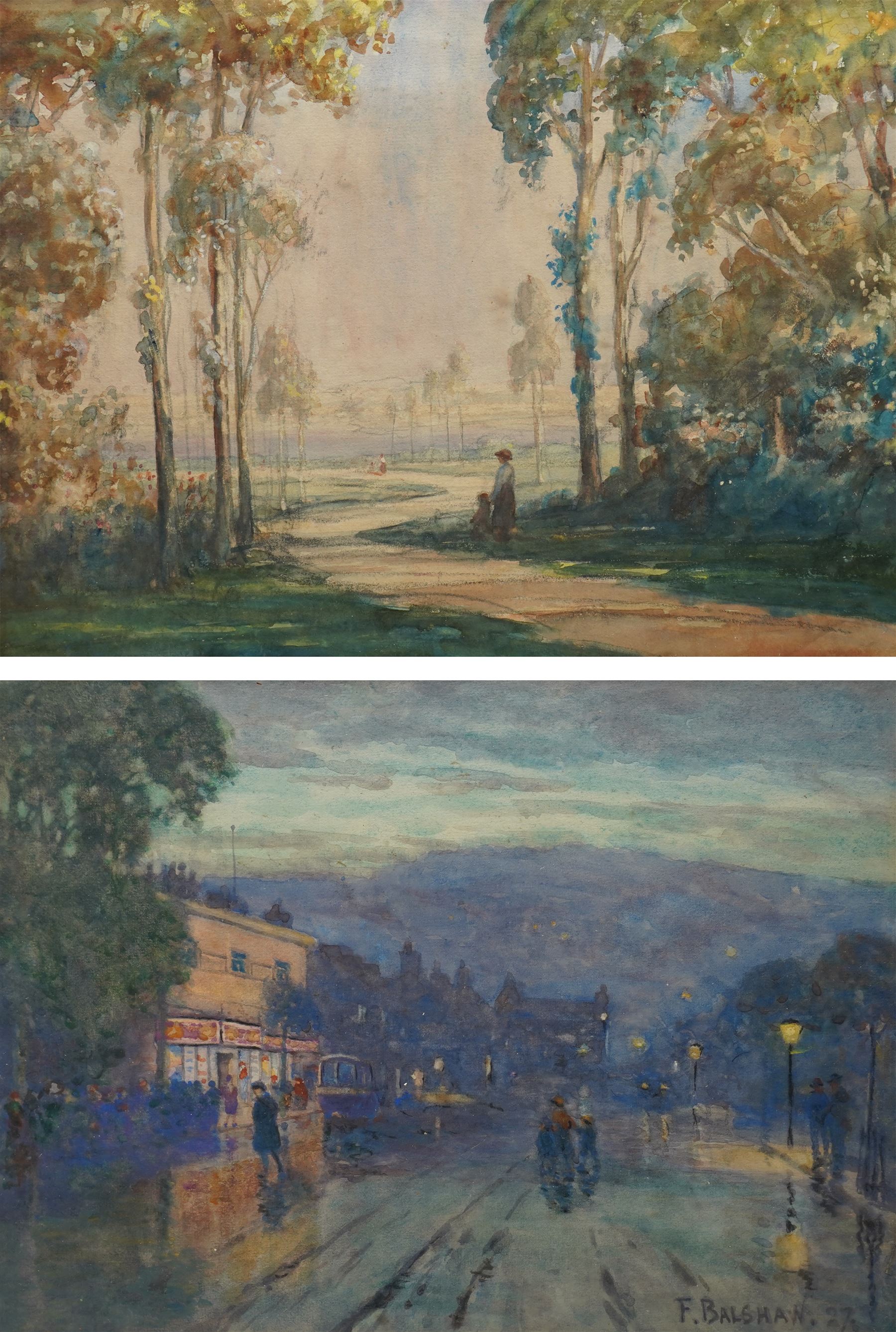 Florence Balshaw (British 1863-1942): Northern Town at Nightfall and The Avenue', pair watercolours the former signed and dated '27, the latter inscribed verso 28cm x 38cm (2)
