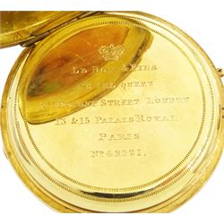 Victorian 18ct gold half hunter keyless lever pocket watch by Le Roy et Fils, Paris, No. 48021, white enamel dial with Roman numeral hour markers, back case monogrammed with initials, the 'B' with blue enamel, case stamped 18K