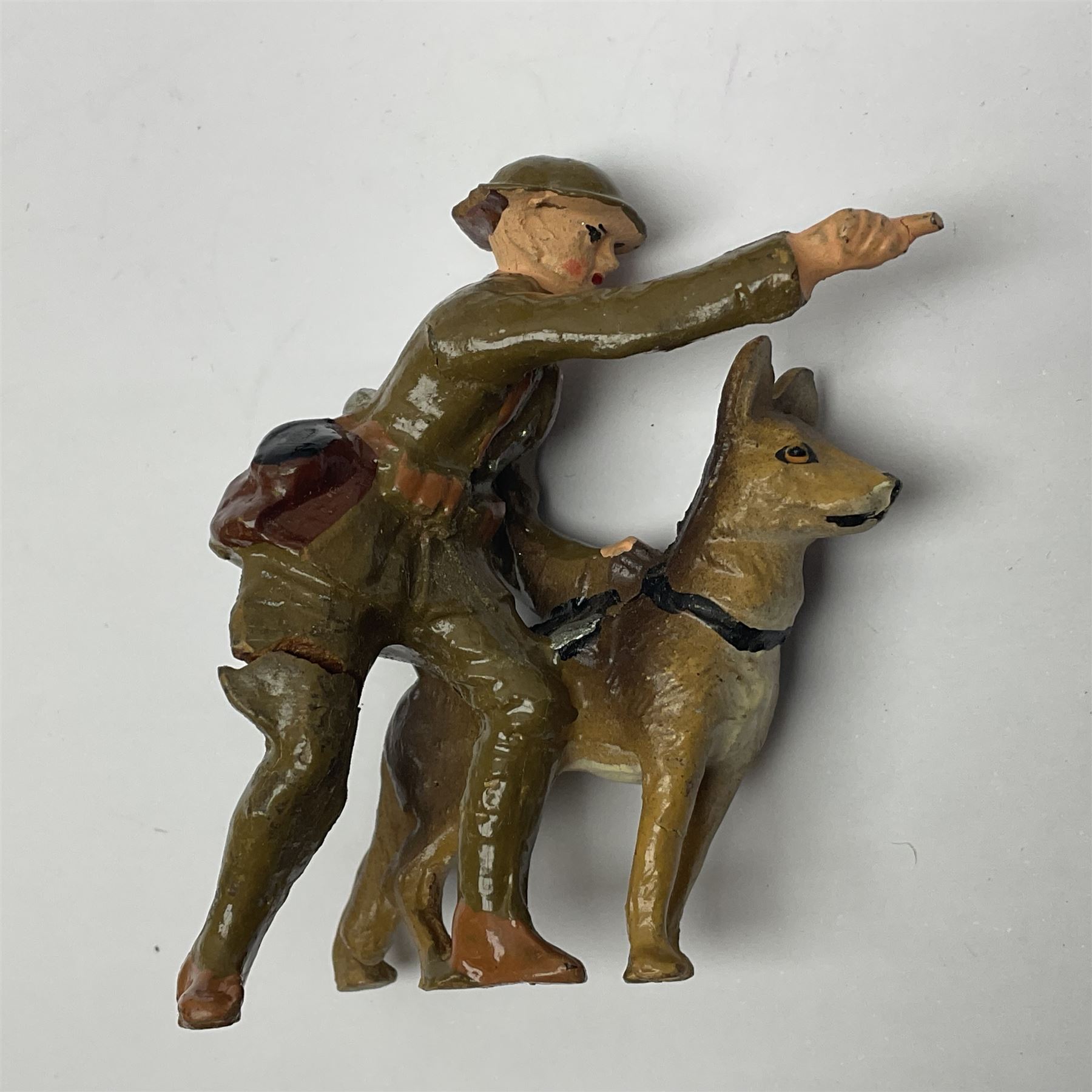 Eight Elastolin British soldiers and wartime figures, including nurse, injured soldier on stretcher, soldier with dog, etc, tallest 11cm