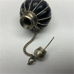 Chinese ceramic bowl, painted with floral and foliate decoration on a white ground, together with a similar much smaller Chinese bowl, painted with mountain scene to centre and covered by basket weave to exterior and a white metal mounted pear shaped scent bottle, largest bowl D11cm