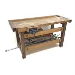  Hardwood work bench with undertier, fitted vice (W151cm, H81cm, D69cm) and small quantity of garden tools  
