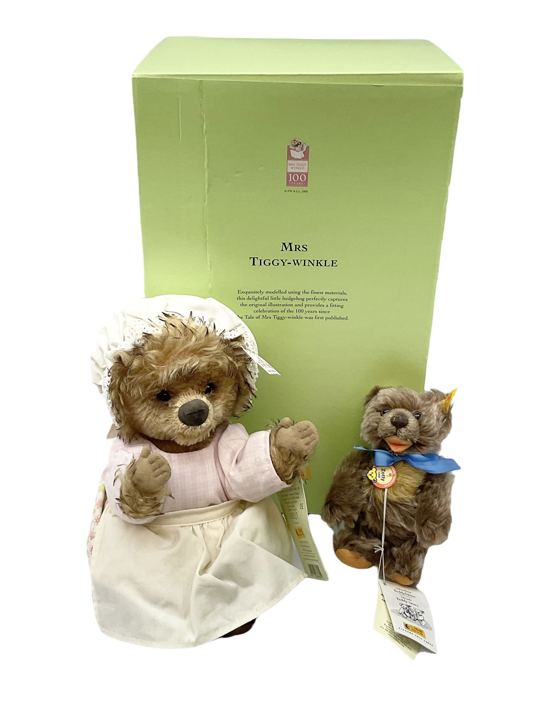 Steiff - limited edition Beatrix Potter's 'Mrs. Tiggy-Winkle' No.517/1500 EAN 661822; H22cm; boxed with tag; and 'Zotty 1960' with tags; H16cm; unboxed (2)