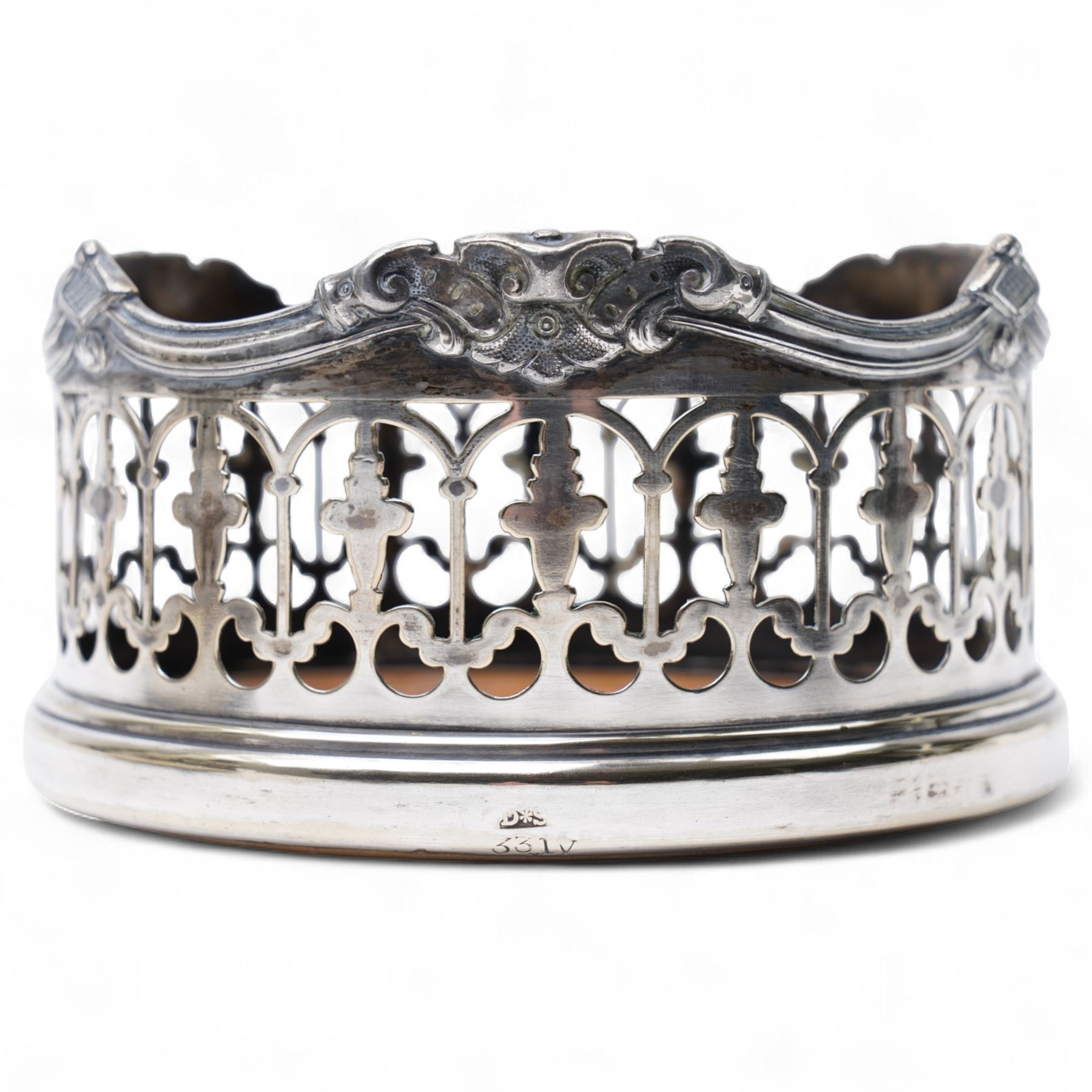  Pair of Victorian plated bottle coasters with pierced sides and turned boxwood bases