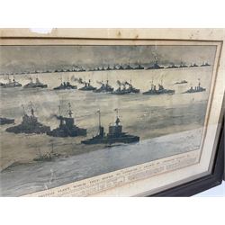 After Charles Dixon, large monochrome newspaper quality print entitled 'Germany's Long Line of lost Leviathans Surrendering to the British Fleet, which they hoped to conquer' 33 x 81cm, oak frame; and another colour print entitled 'The British Fleet being inspected by H.M. King George V at Spithead July 1914' 39 x 49cm, mahogany frame (2)