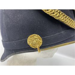 Post-1902 Welsh Regiment Officer's Home Service Blue Cloth Helmet with gilt metal King's crown helmet plate to the front, a removable spike to the top on a shaped cruciform base with rosette fittings, rosette side bosses, brass trim to the front peak, and leather and velvet backed chin scales, with sweat band, the interior with the remains of a makers label at the address 1,3 & 5 Lexington Street, Golden ? London W (presumably Hobson & Sons)