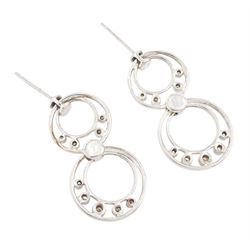 Pair of 9ct white gold diamond pendant earrings, each stud with two circular drops, set with nine round brilliant cut diamonds