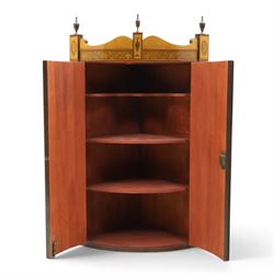 Edwardian inlaid birds-eye maple corner cabinet, urn finials above shell motif inlays, reeded column's hanging hooks