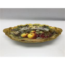 Early 20th century Royal Worcester dish decorated by Thomas Lockyer, oval form with gilt shaped rim and twin shell handles, hand painted with a still life of fruit upon a mossy ground, signed T Lockyer, with puce printed mark beneath and date code for 1922, W31cm