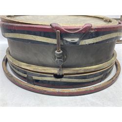 Disassembled early 20th century Boys Brigade snare drum D37cm with copy WW1 period photograph of the Kirbymoorside Boys Brigade; early 20th century hardwood clarinet; bagpipes chanter; and Dulcet E-flat penny whistle