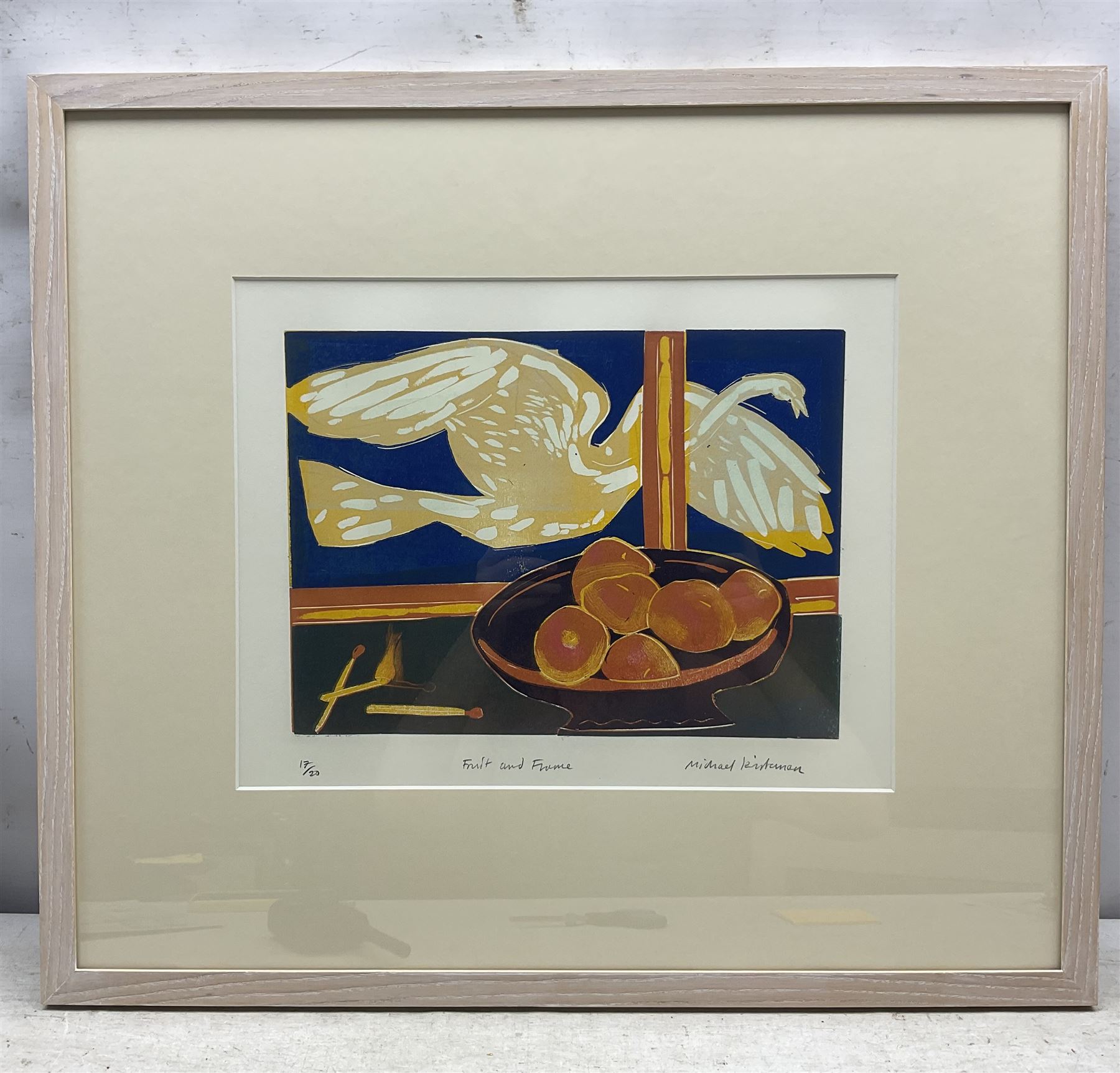 Michael Kirkman (British 1986-): 'Fruit and Flame', linocut signed titled and numbered 17/20 in pencil 30cm x 38cm