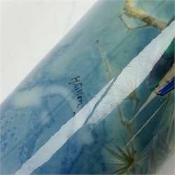 Royal Doulton Titanian Ware vase, painted by Harry Allen, of cylindrical form decorated with a Kingfisher perched upon a branch beneath a crescent moon, signed H. Allen, with printed mark beneath and painted mark 'Kingfisher 2846', H21cm