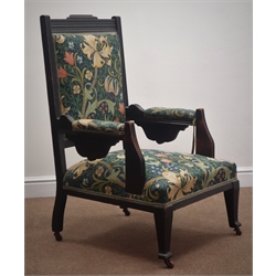  Edwardian armchair, moulded uprights, upholstered in William Morris 'Golden Lily Midnight Green' fabric, tapering supports, W63cm  